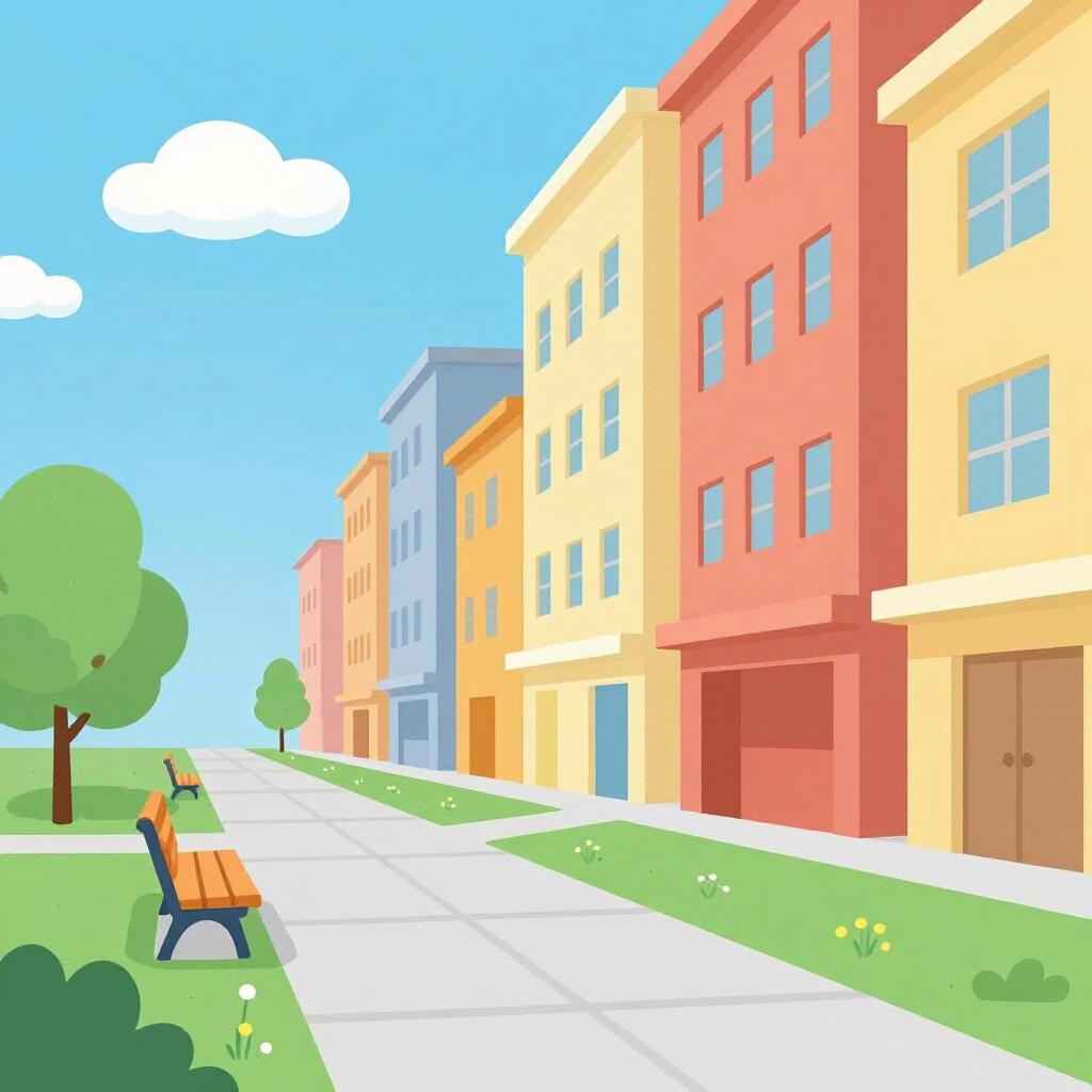 高層ビルと歩道がある賑やかな街路。