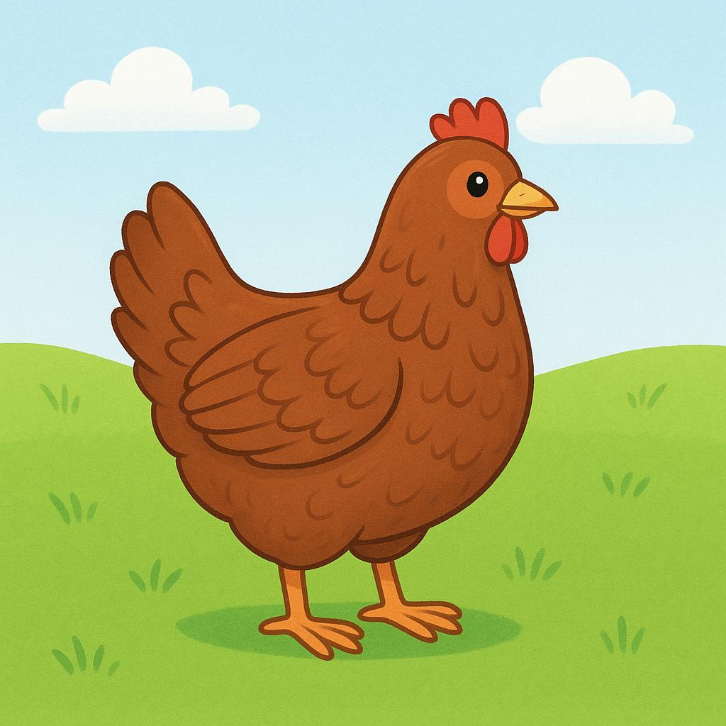 A fluffy brown hen standing in a sunny field of green grass.