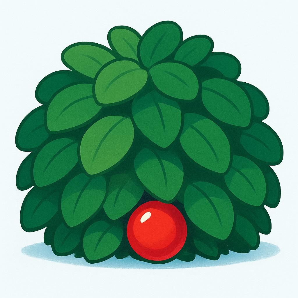 A small red ball is almost entirely concealed behind a large, vibrant green bush, with only a tiny sliver of red visible.