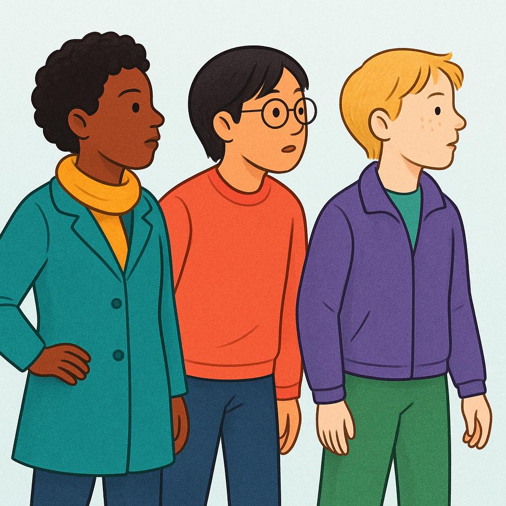 Three diverse figures standing side-by-side, all looking intently towards the right, suggesting they are observing an event.