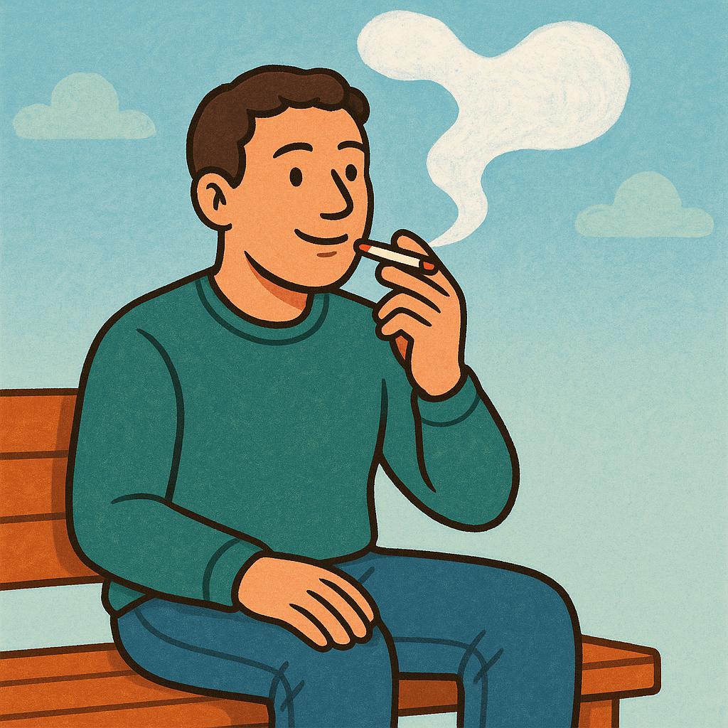 A simple colorful illustration showing a person exhaling a puff of smoke from a cigarette.