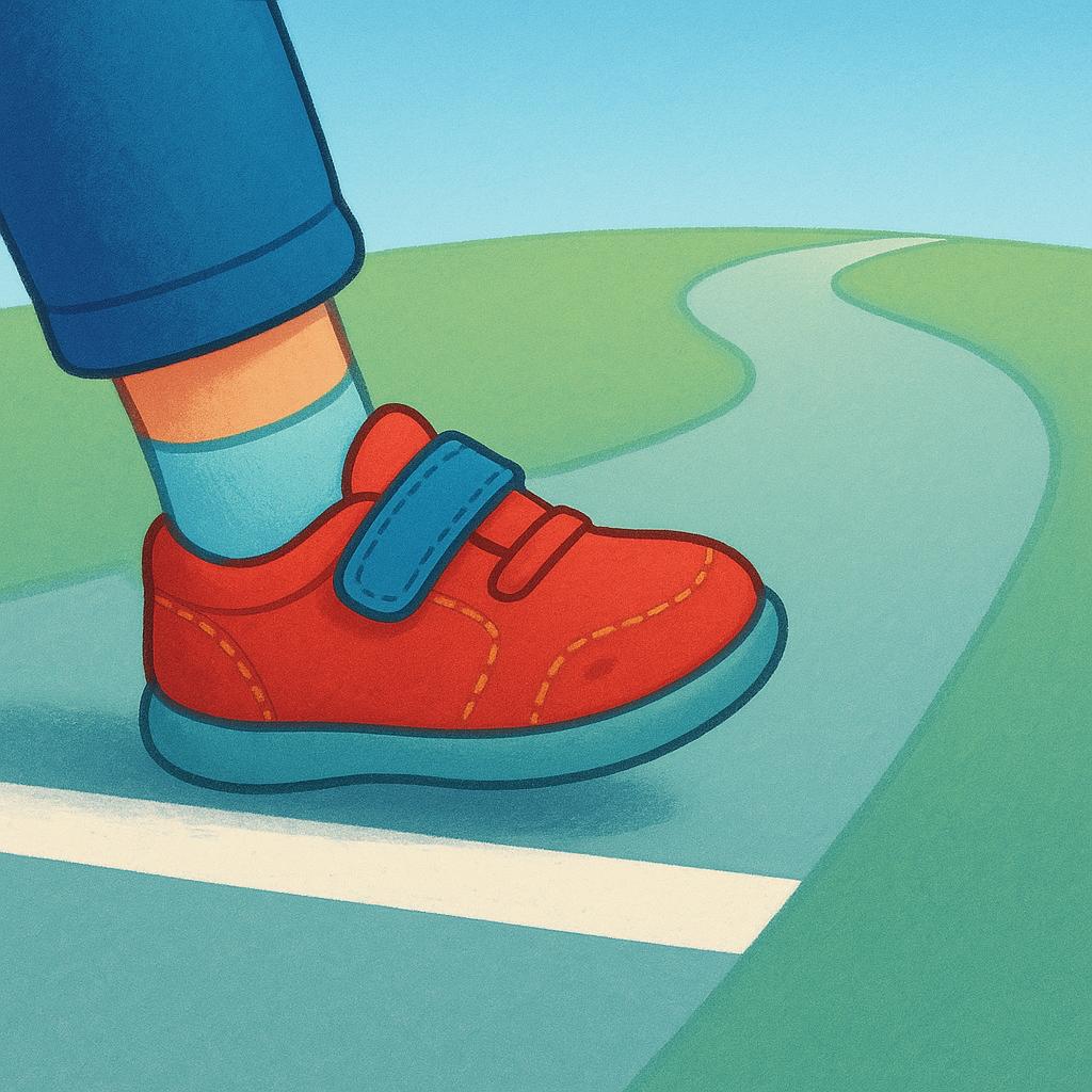 A close-up illustration showing a single sneaker stepping across a bright white starting line onto a dusty, winding path, symbolizing the beginning of a journey or action.