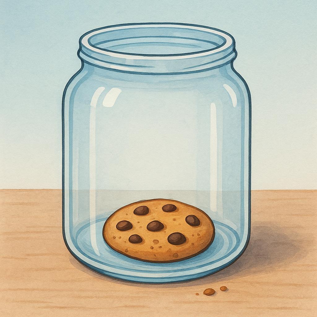 A transparent cookie jar standing on a table. The jar is mostly empty, containing only one single chocolate chip cookie at the bottom, illustrating the small amount that was left.