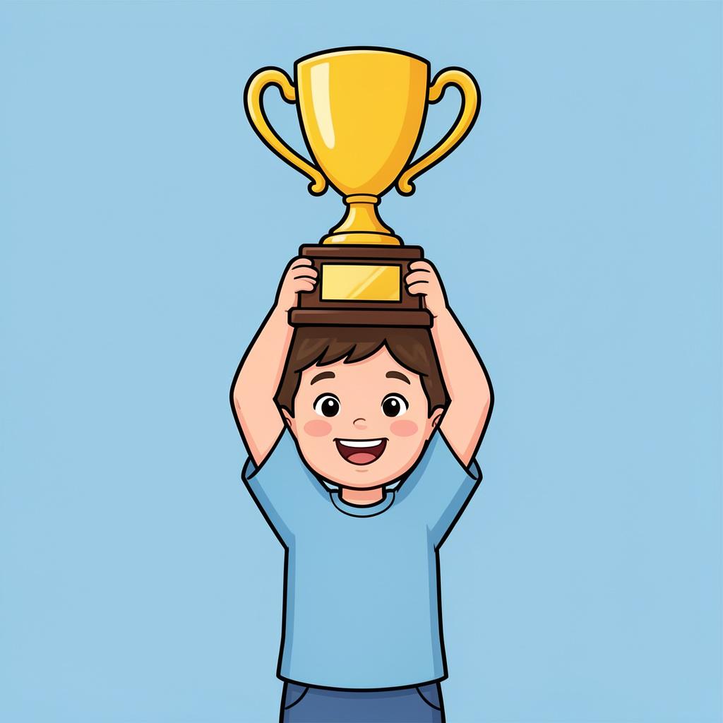 A happy child holding up a gold trophy with a big smile.