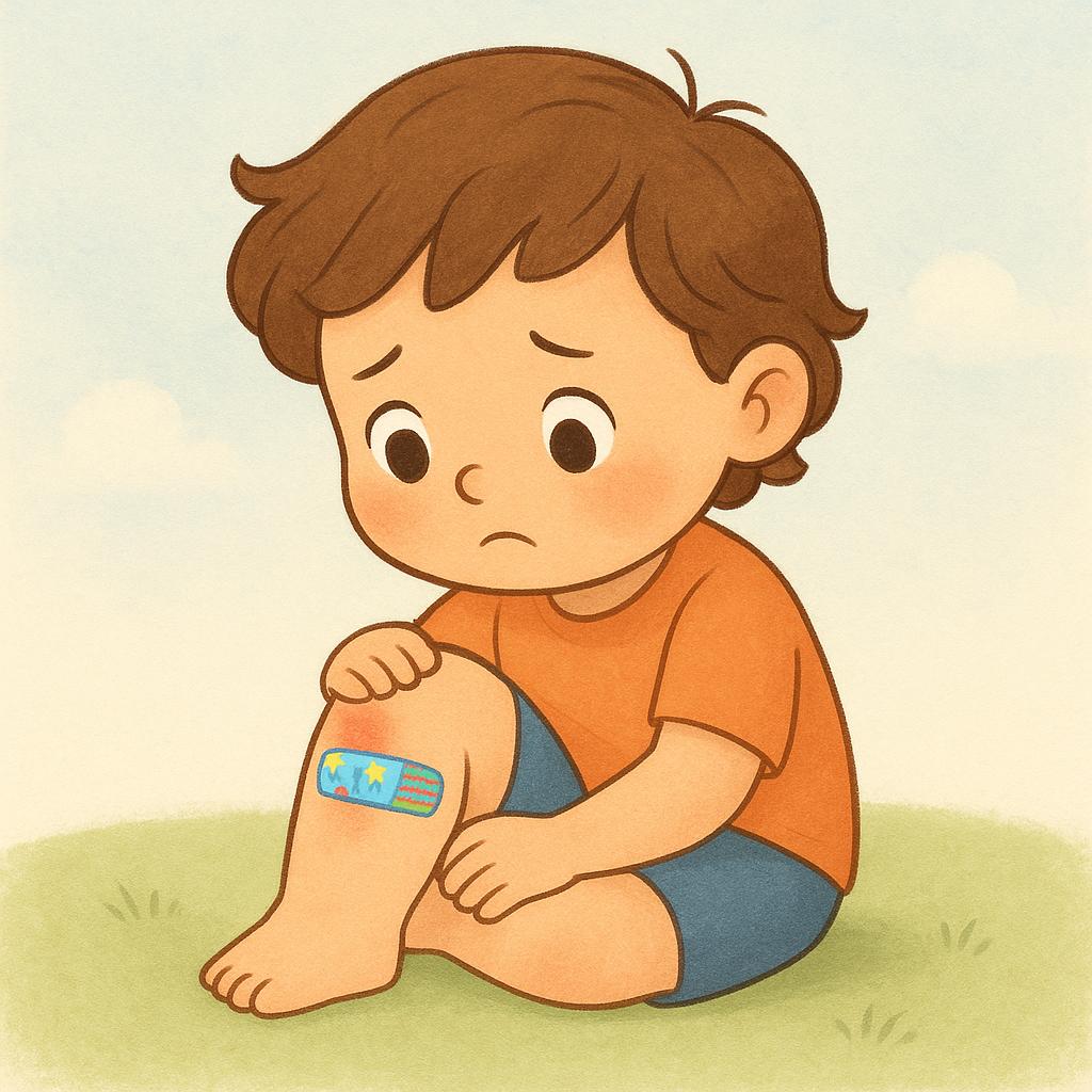 A small child sitting on the ground, looking sad, with a bright red scrape on their knee covered by a colorful bandage.