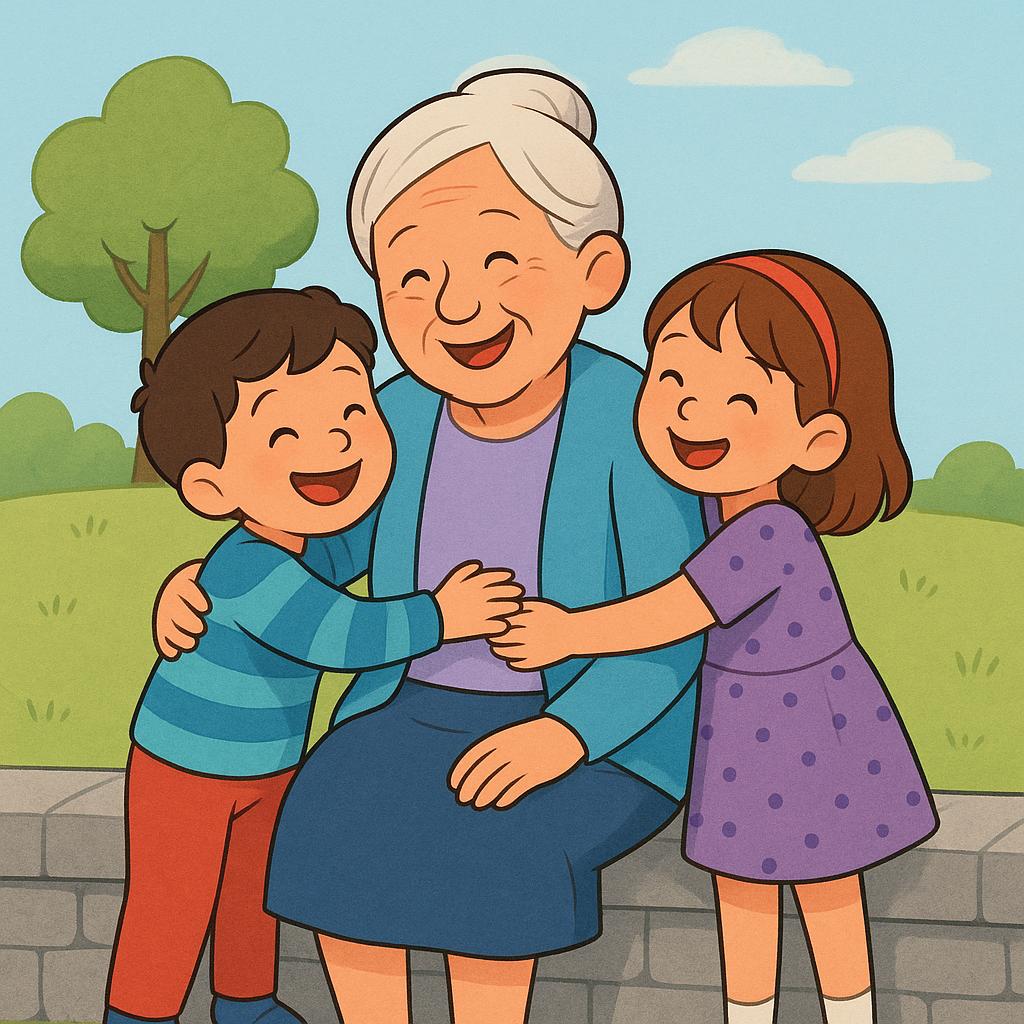 An illustration showing an elderly person sitting down, smiling happily while two young children, a boy and a girl, hug them affectionately.