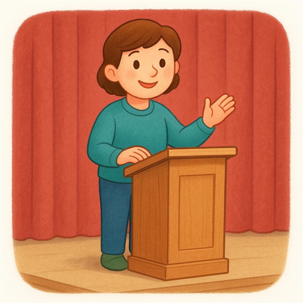 A friendly, determined character stands behind a simple wooden lectern on a stage, poised and ready to begin speaking.