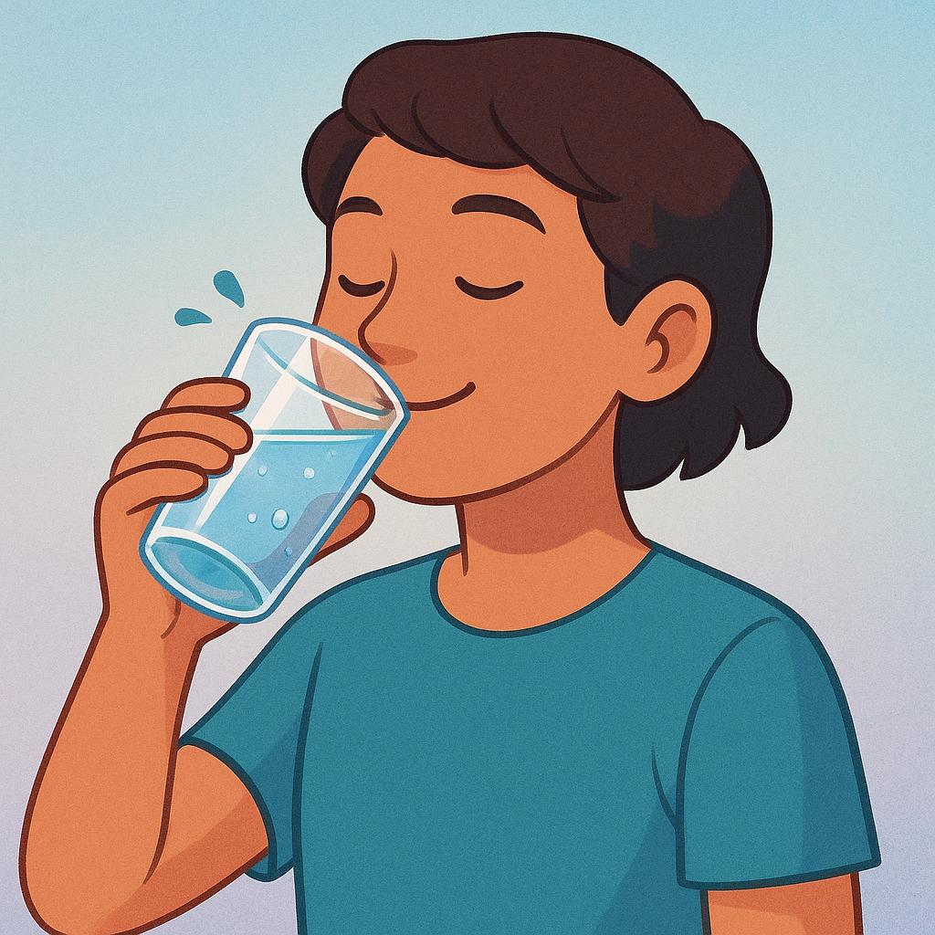 A person holding a glass of water and taking a sip.