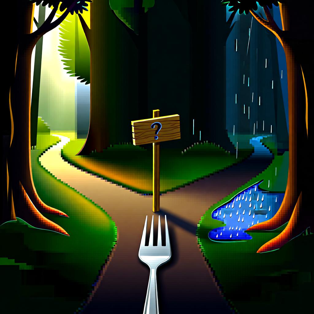 A forked path in a forest, with one path sunny and the other rainy, representing a choice or condition.