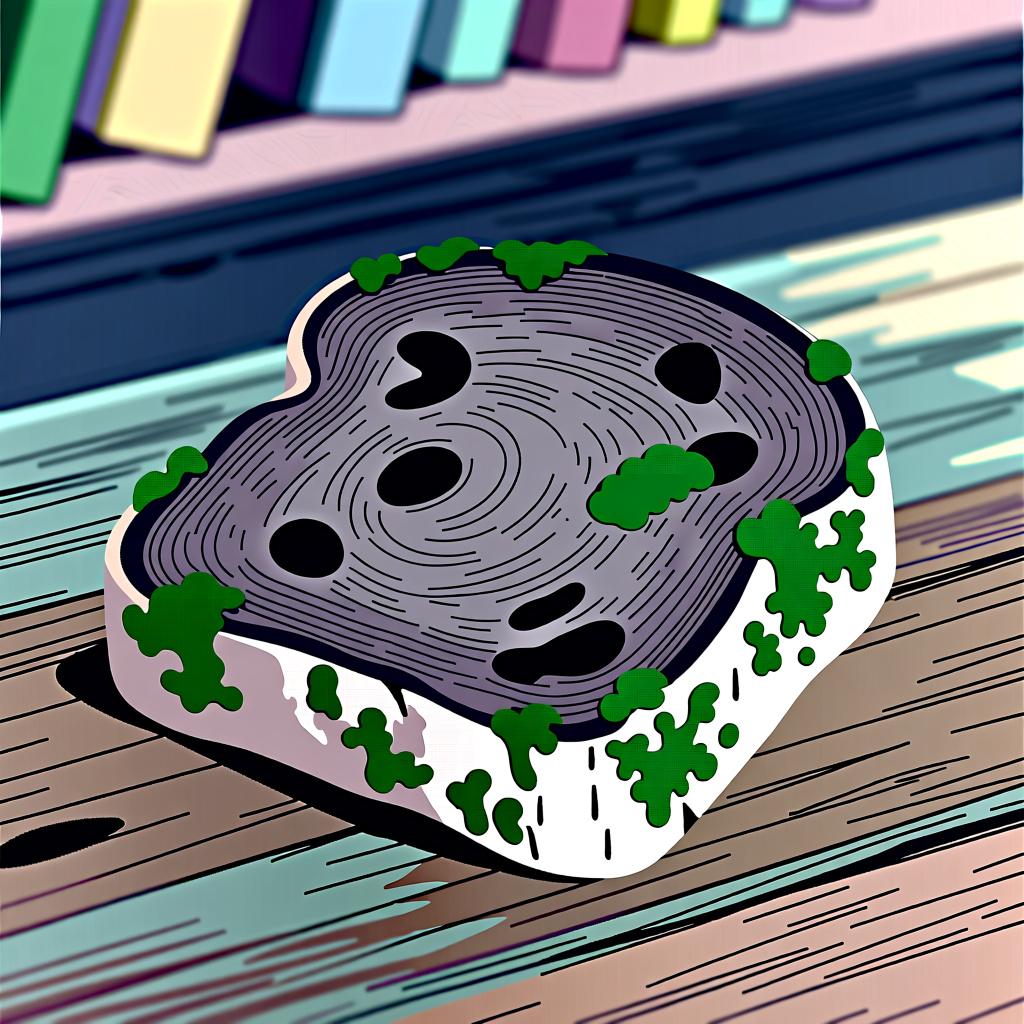 A very hard, dry, and slightly moldy piece of bread sitting on a simple wooden surface, illustrating staleness.