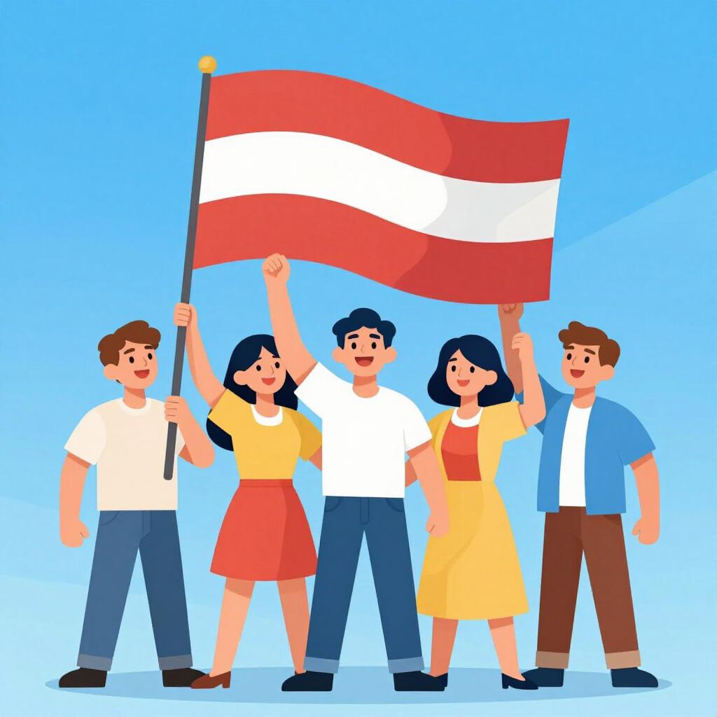 A group of diverse people standing together and smiling while holding a large, colorful flag.