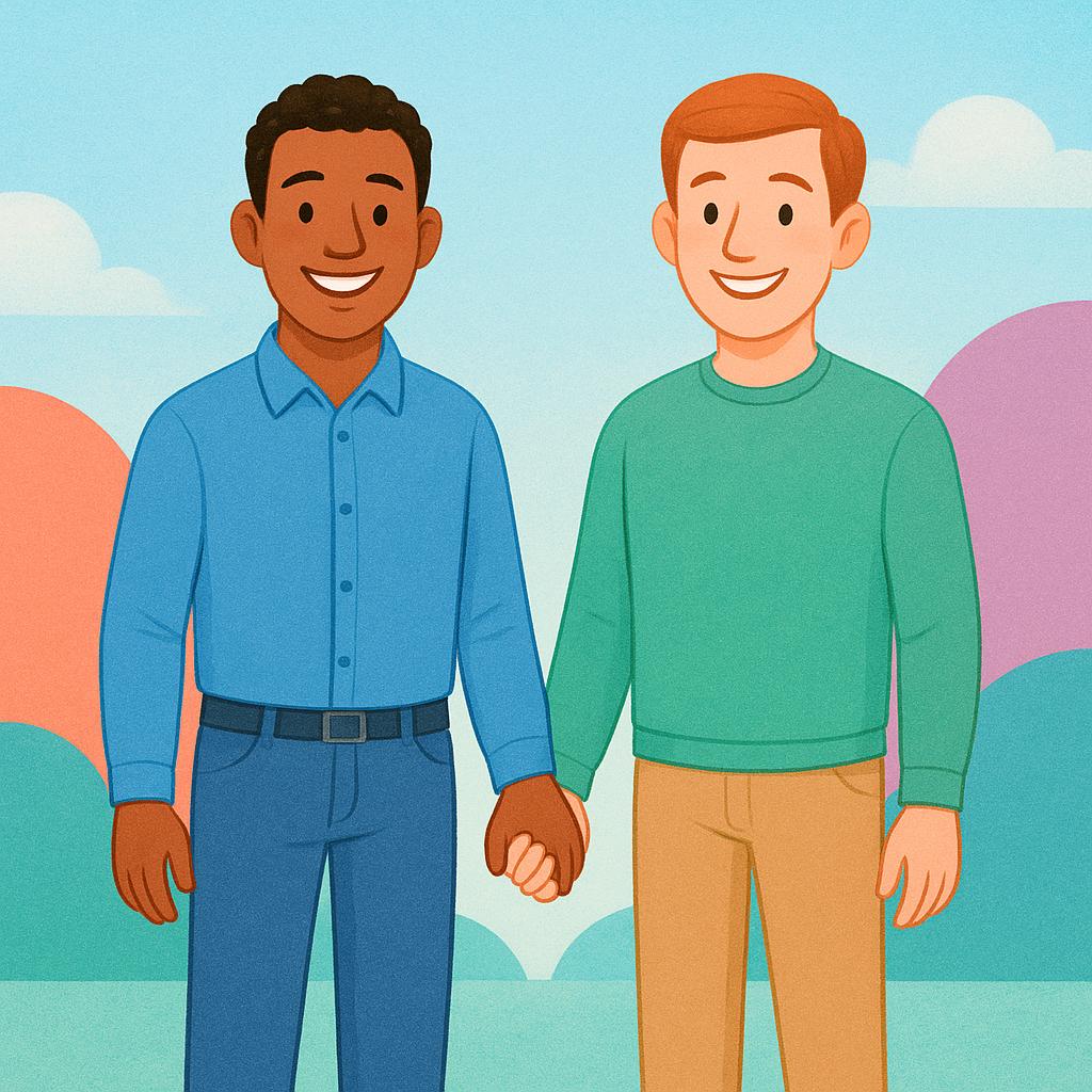 Two smiling men, characterized by simple storybook design, holding hands and standing close together, illustrating the plural adjective 'gay'.