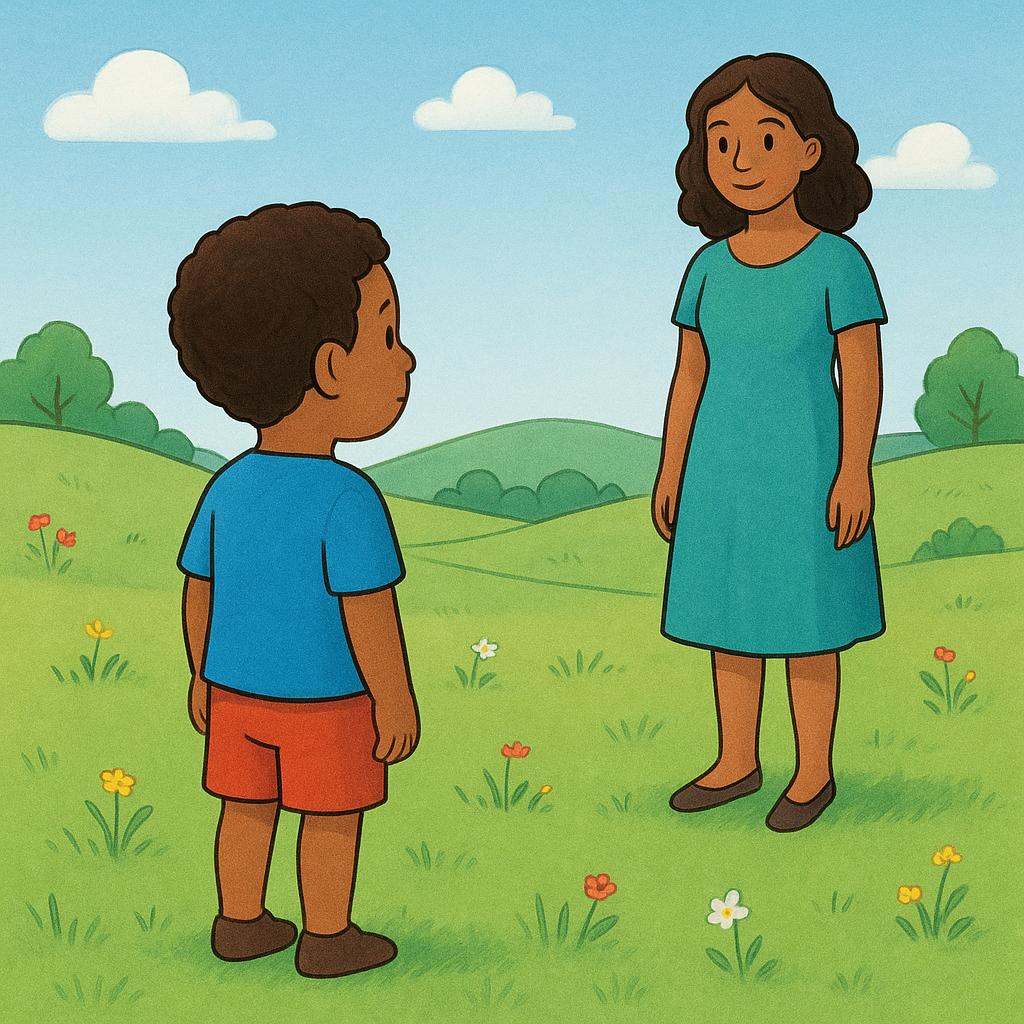 A child standing in a brightly colored field, looking intently toward a woman who is standing a short distance away.