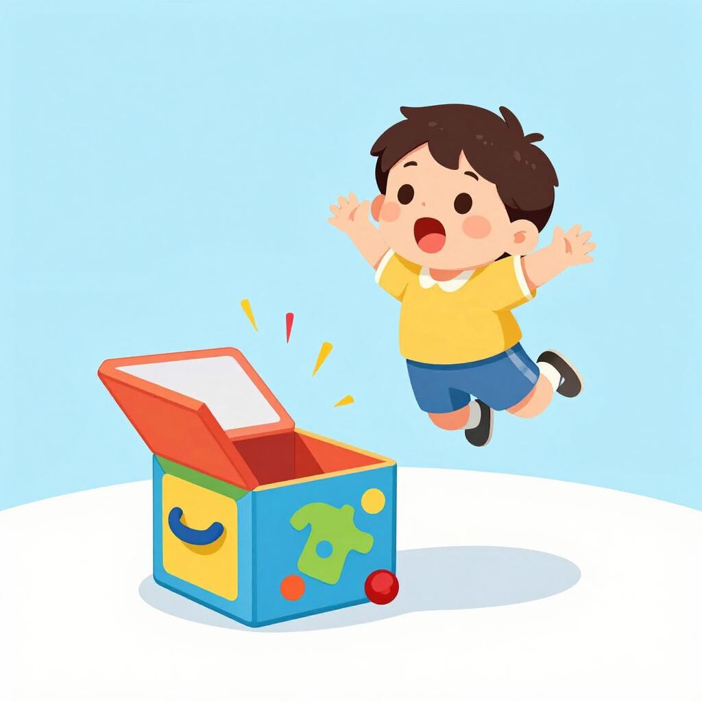 A child jumping back in surprise as a jack-in-the-box pops open.