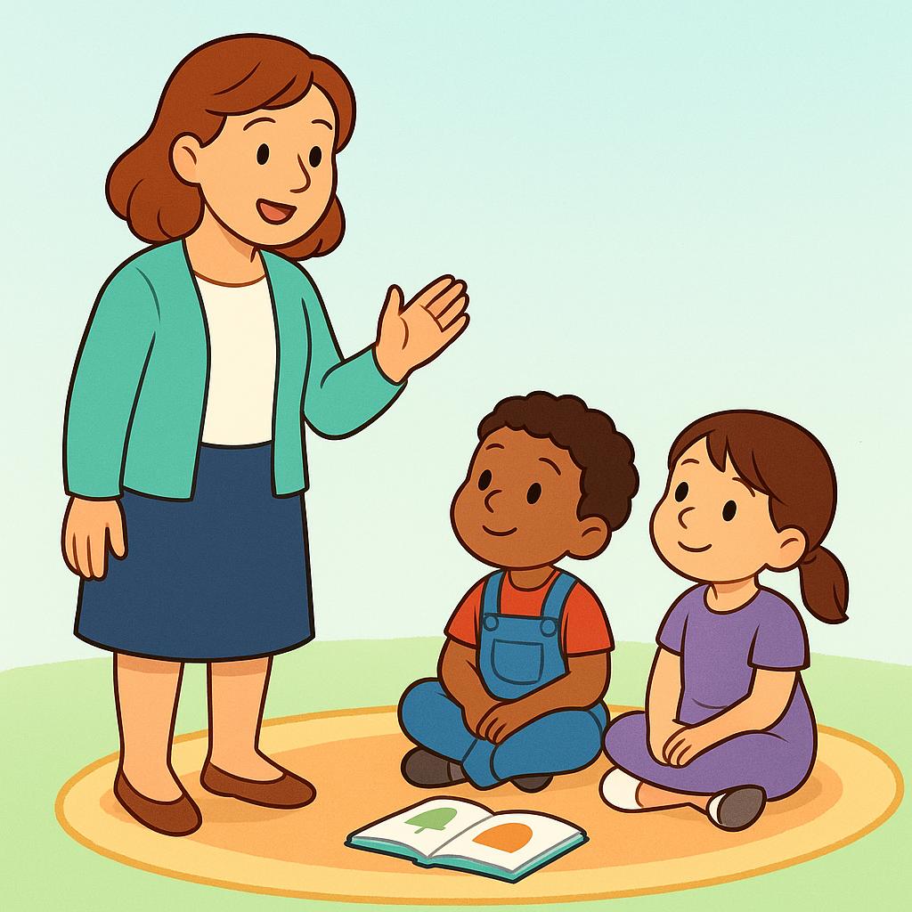 A friendly woman is speaking to two small children who are sitting close together and listening carefully to what she has to say. The woman is gesturing slightly.