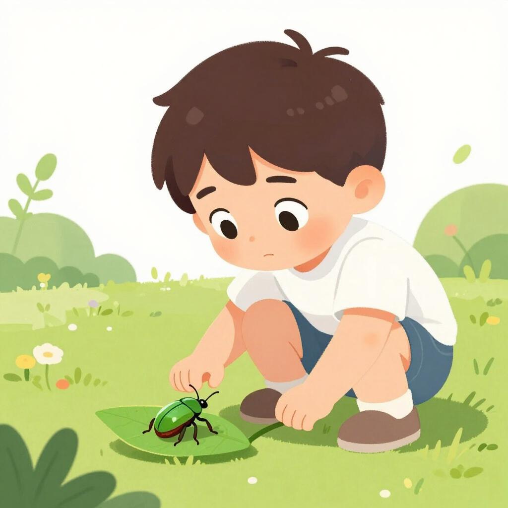 A child looking intensely at a small beetle on a leaf without blinking.