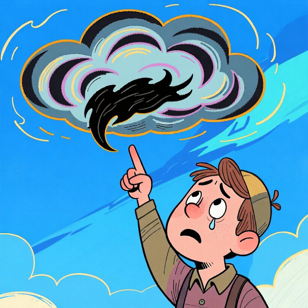 A person looking up with concern at a single dark cloud in an otherwise clear blue sky.