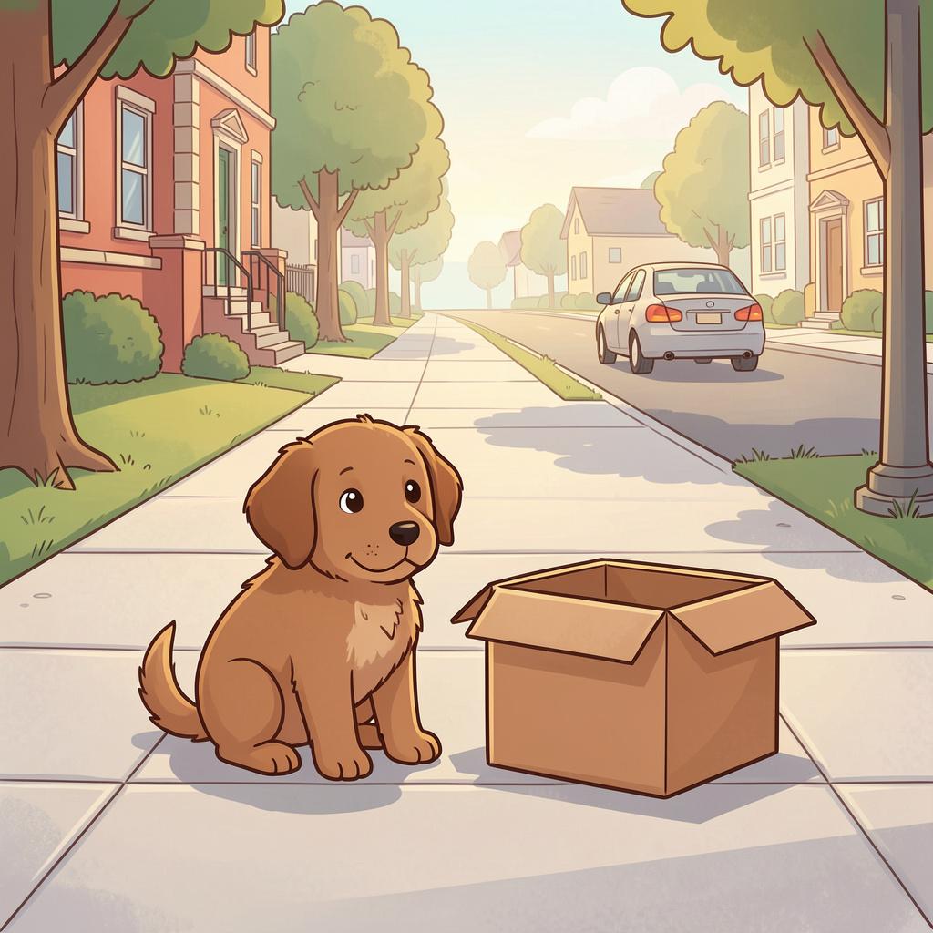 A small, lonely brown puppy sitting on a street corner next to a cardboard box as a car drives away in the distance.