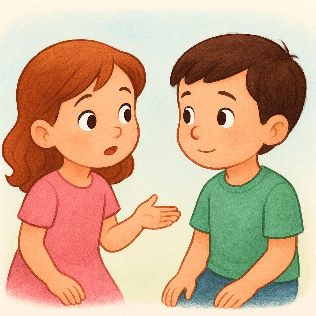 A simple storybook illustration showing a young girl leaning slightly towards a young boy, extending her hand in an open, inquisitive gesture, representing the act of asking him a question.