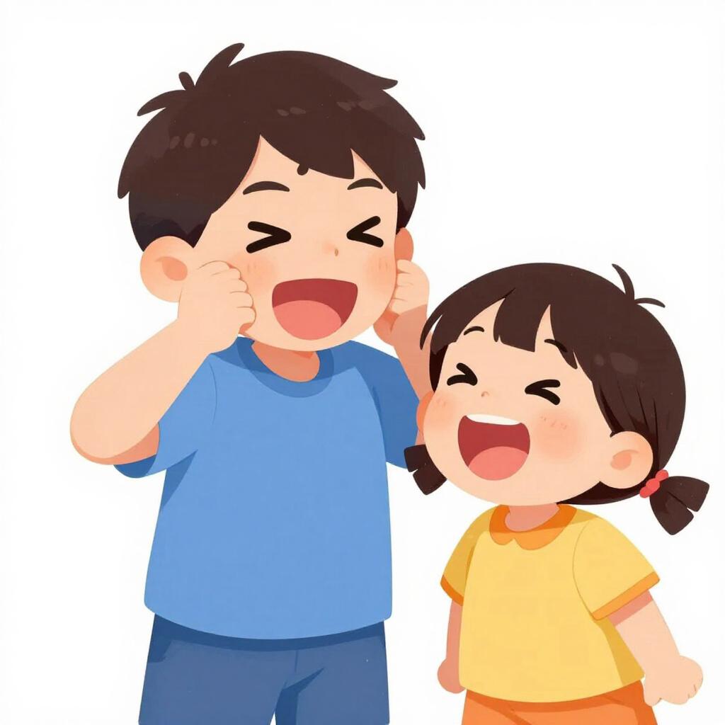 友達に舌を出してふざけた顔をしている子供が、笑っている友達にいたずらしている様子。