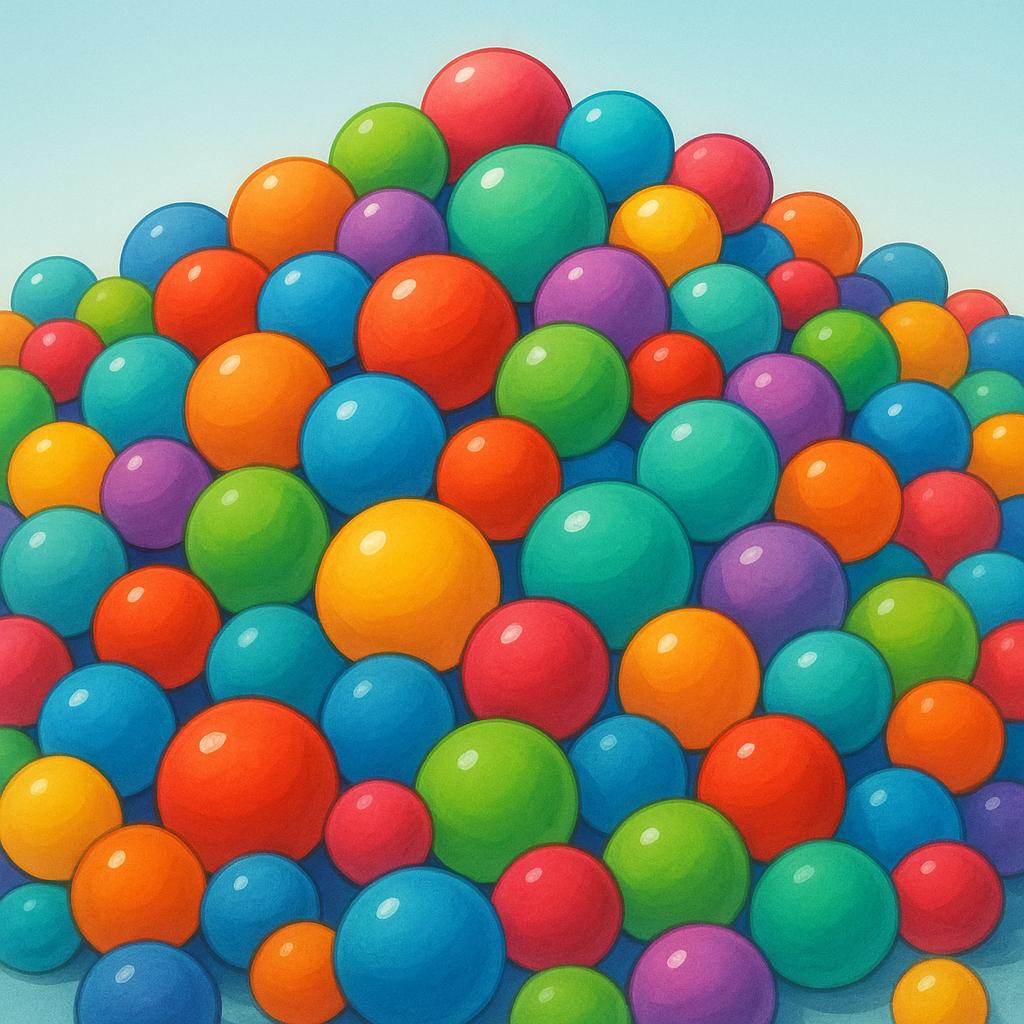 A visually overwhelming concentration of brightly colored rubber balls spilling out of a large basket and covering the ground, illustrating a large quantity.