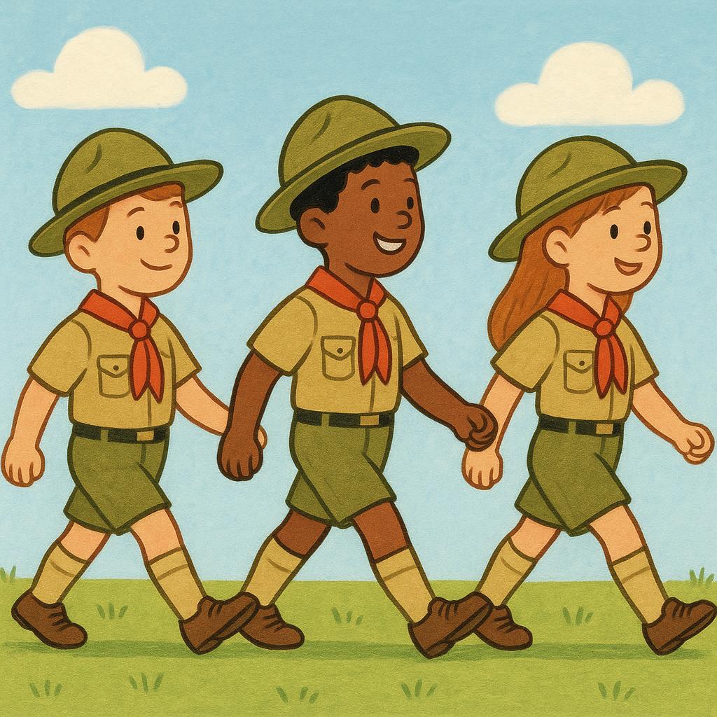 A line of three cartoon figures, perhaps soldiers or scouts, walking in step with determined expressions.