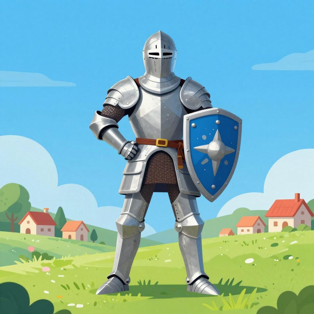 A brave knight in shining armor standing firmly in front of a small village to protect it.