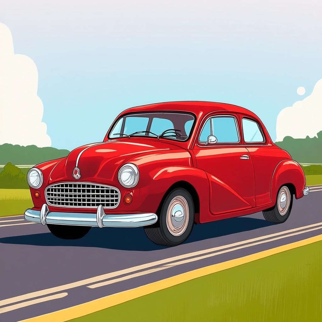 A single, shiny red vintage car parked on a sunny road.