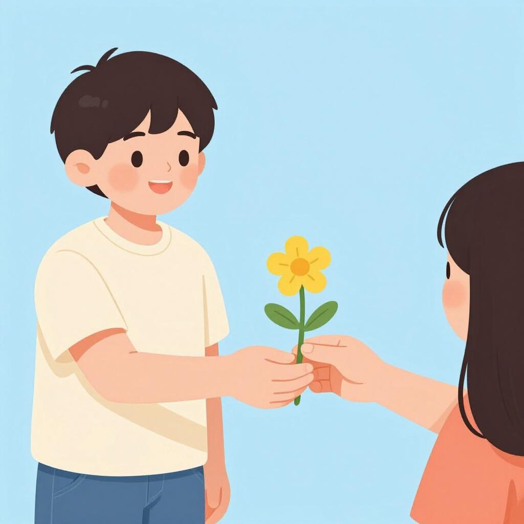 A person smiling warmly while handing a single bright flower to a friend.