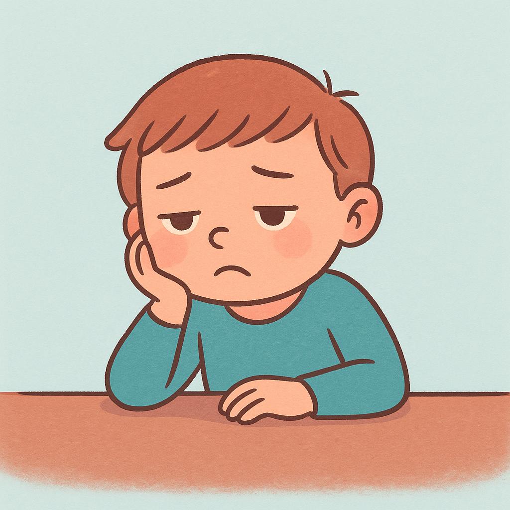A solitary child sitting at a table, resting their head heavily on their hand with a deep sigh, showing a feeling of boredom and disinterest.