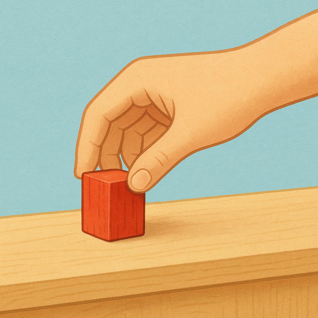 A person's hand is shown gently lowering a small, bright red wooden block onto a smooth, light brown wooden shelf.