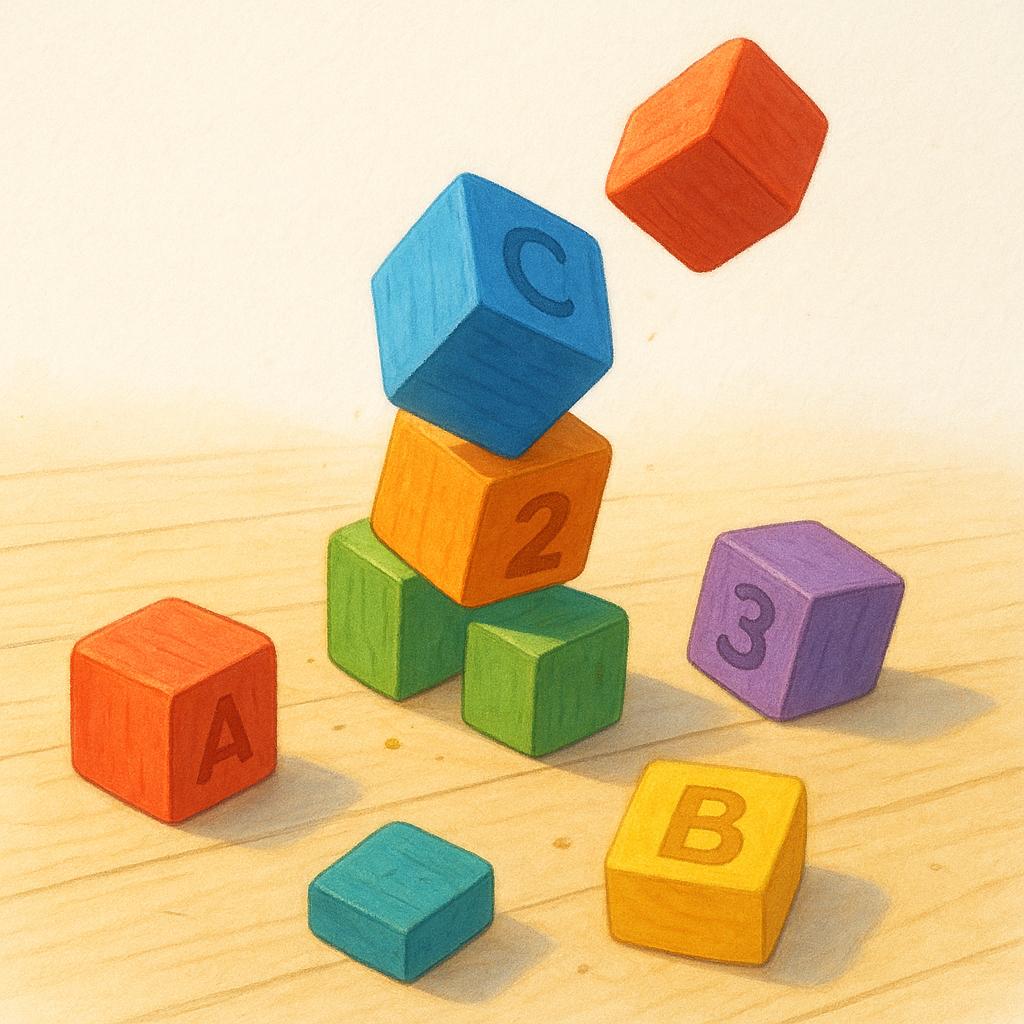 A colorful stack of wooden blocks has just toppled over on a simple wooden floor, scattering them across the ground.