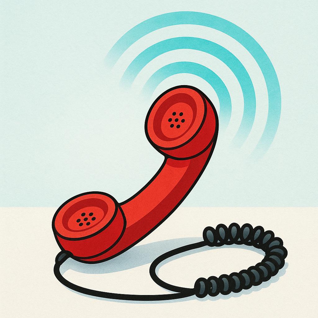 A simple illustration of a red telephone handset with a coiled cord, showing sound waves moving outward from the earpiece.