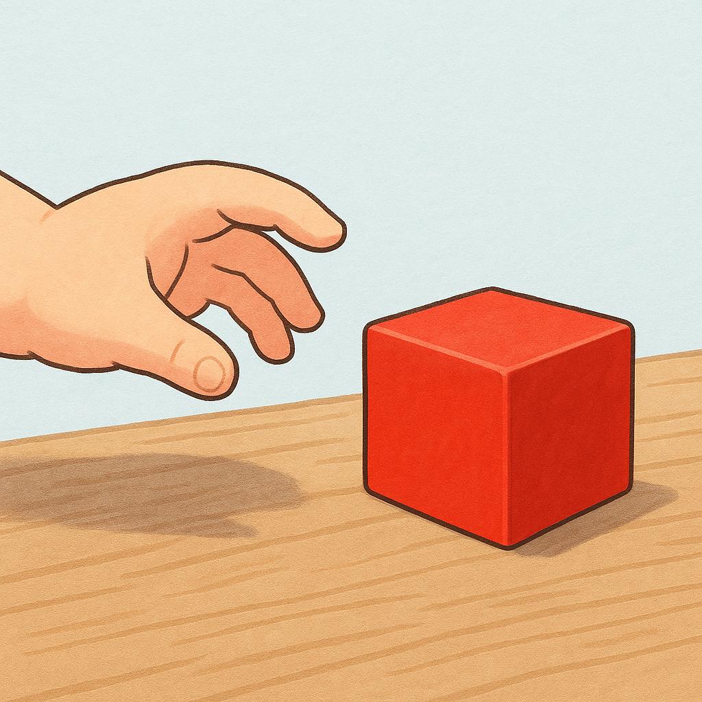 A high quality storybook illustration showing a small hand retracting away from a single, bright red toy block resting on a wooden surface, visually representing the command to stop touching something.