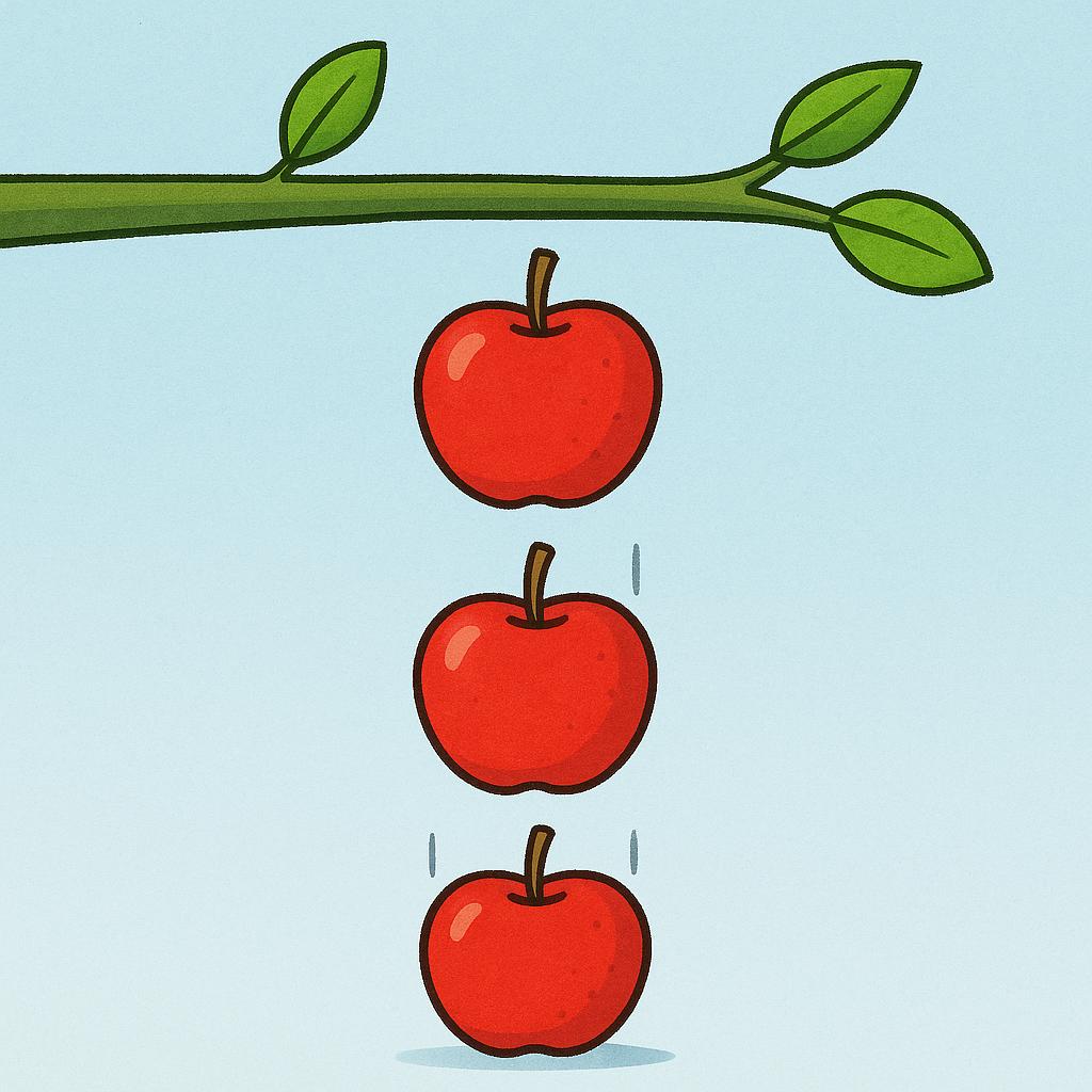 Three bright red apples simultaneously falling straight down from a green tree branch towards the ground.