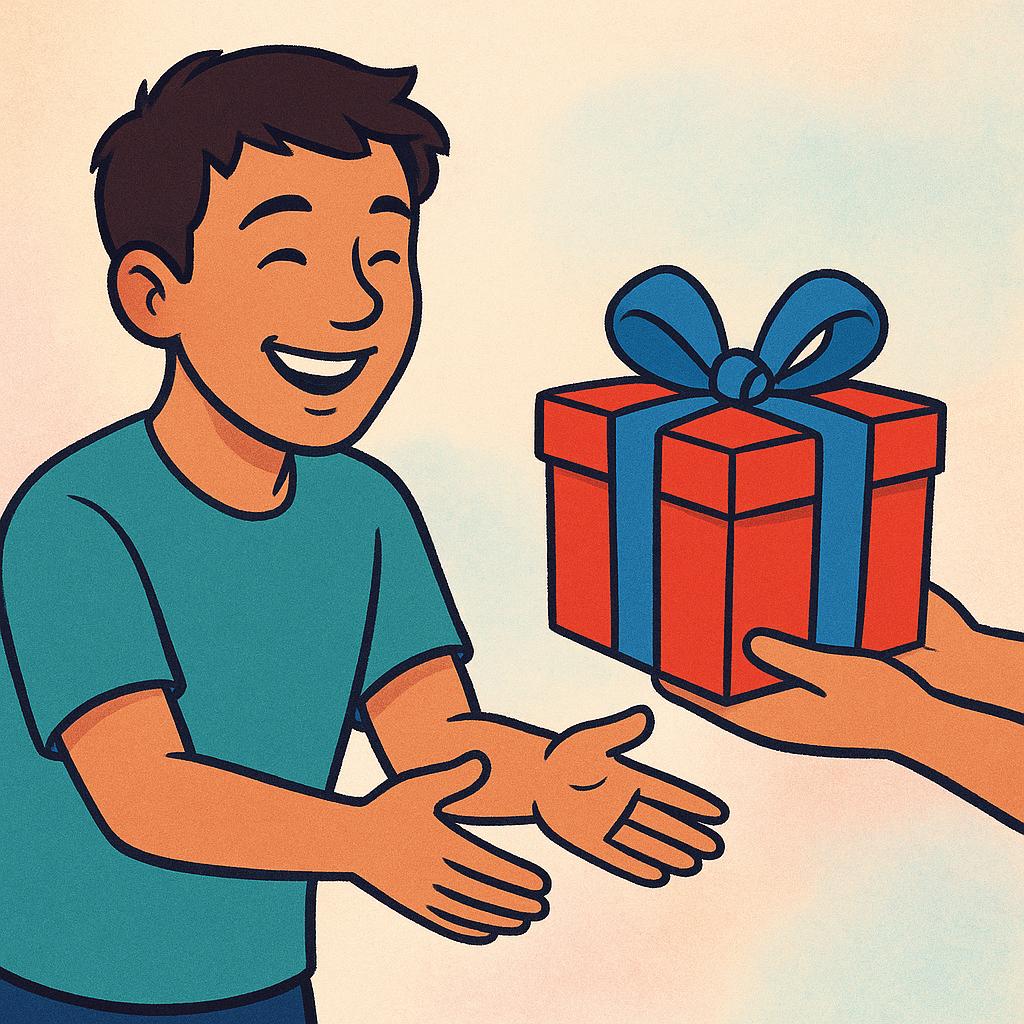 A simple storybook illustration of a young man with a happy expression reaching out his hands to accept a colorful gift box being offered to him.
