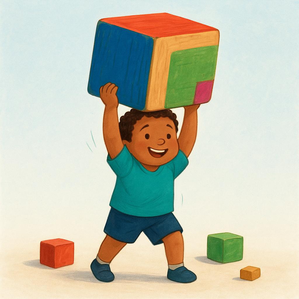 A cartoon child happily lifting a small, brightly colored toy block high above their head with both hands.