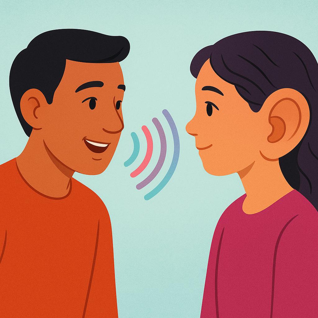 A high quality storybook illustration showing two characters. One character is speaking, and colorful, curved sound waves are visibly traveling directly from their mouth to the large, attentive ear of the second character, who is clearly listening.