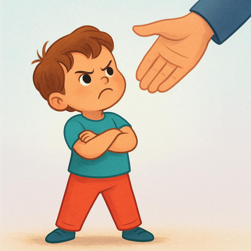 A storybook illustration of a small child with crossed arms and a frown, stubbornly resisting the outstretched hand of an adult, symbolizing rebellious resistance to authority.