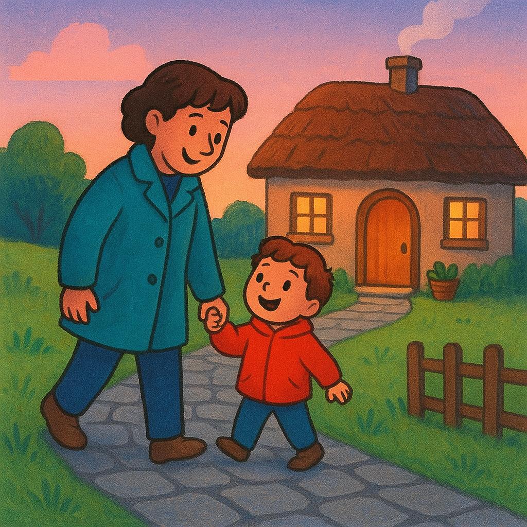 A colorful illustration of two cheerful figures, a person and a child, walking hand-in-hand up a path toward the front door of a welcoming cottage, signifying their return home.