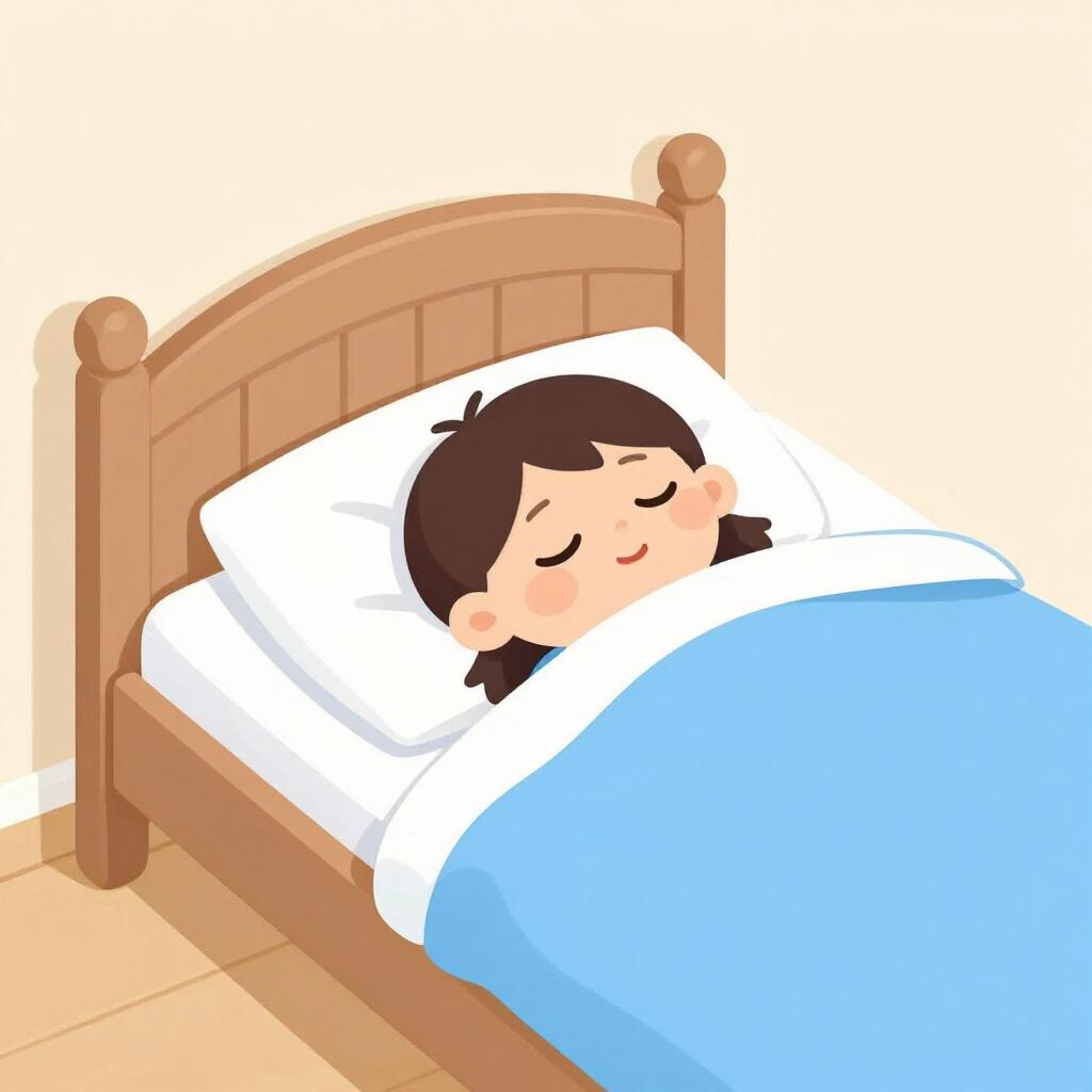A small character sleeping soundly and peacefully in a simple wooden bed, covered by a blue blanket.