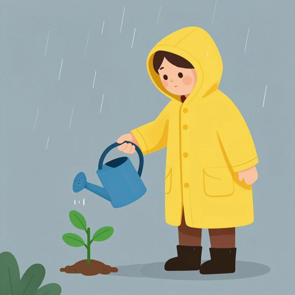 A person trying to water a plant with an empty watering can while standing in the rain.