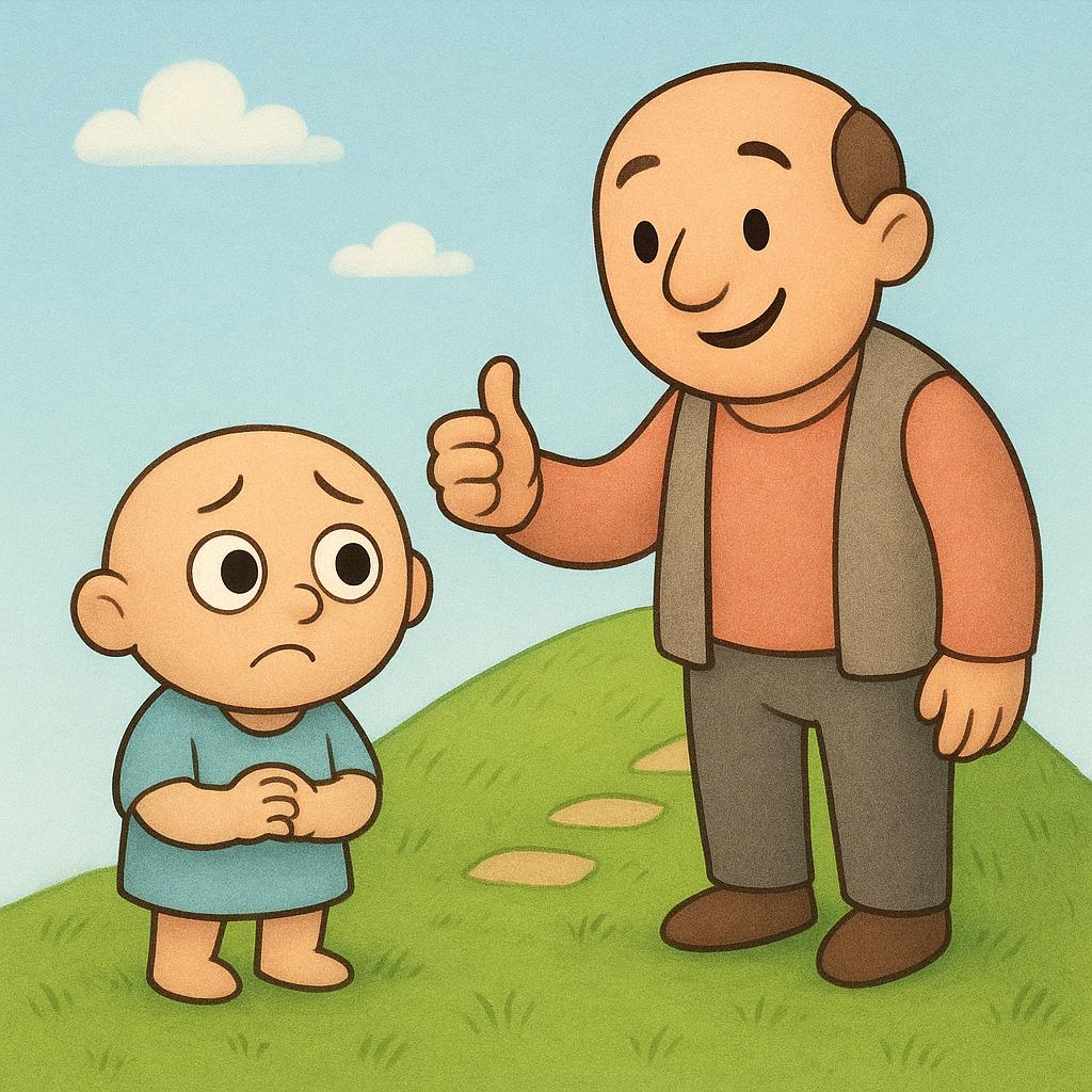 A small, nervous character stands at the base of a small grassy hill, looking up uncertainly. A larger, friendly character stands next to them, giving a supportive thumbs-up gesture toward the top of the hill.