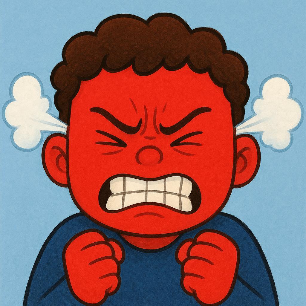 A simple character illustration showing intense anger, depicted by a deeply furrowed brow, a large frown, and steam symbolically rising from the top of the character's head.
