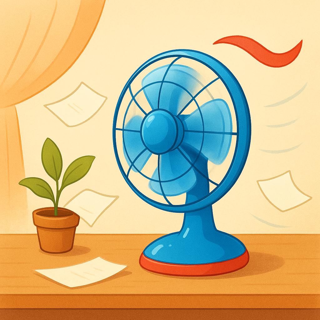 A bright blue electric desk fan spinning rapidly and successfully, showing that the machine is working.