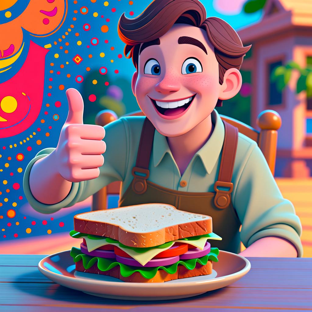 A person smiling and giving a thumbs-up to a delicious-looking sandwich, representing something good.