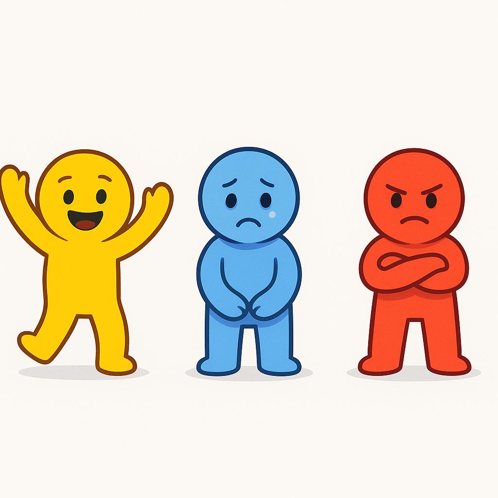 A simple illustration showing three stylized characters side by side: one yellow and happy, one blue and sad, and one red and angry, representing various emotions.