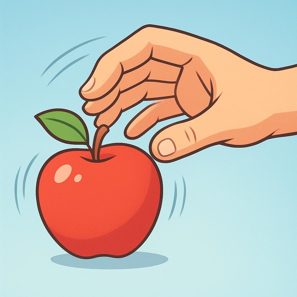 A simplified illustration showing a cartoonish human hand quickly closing its fingers around a bright red apple, demonstrating the action of grabbing something swiftly.
