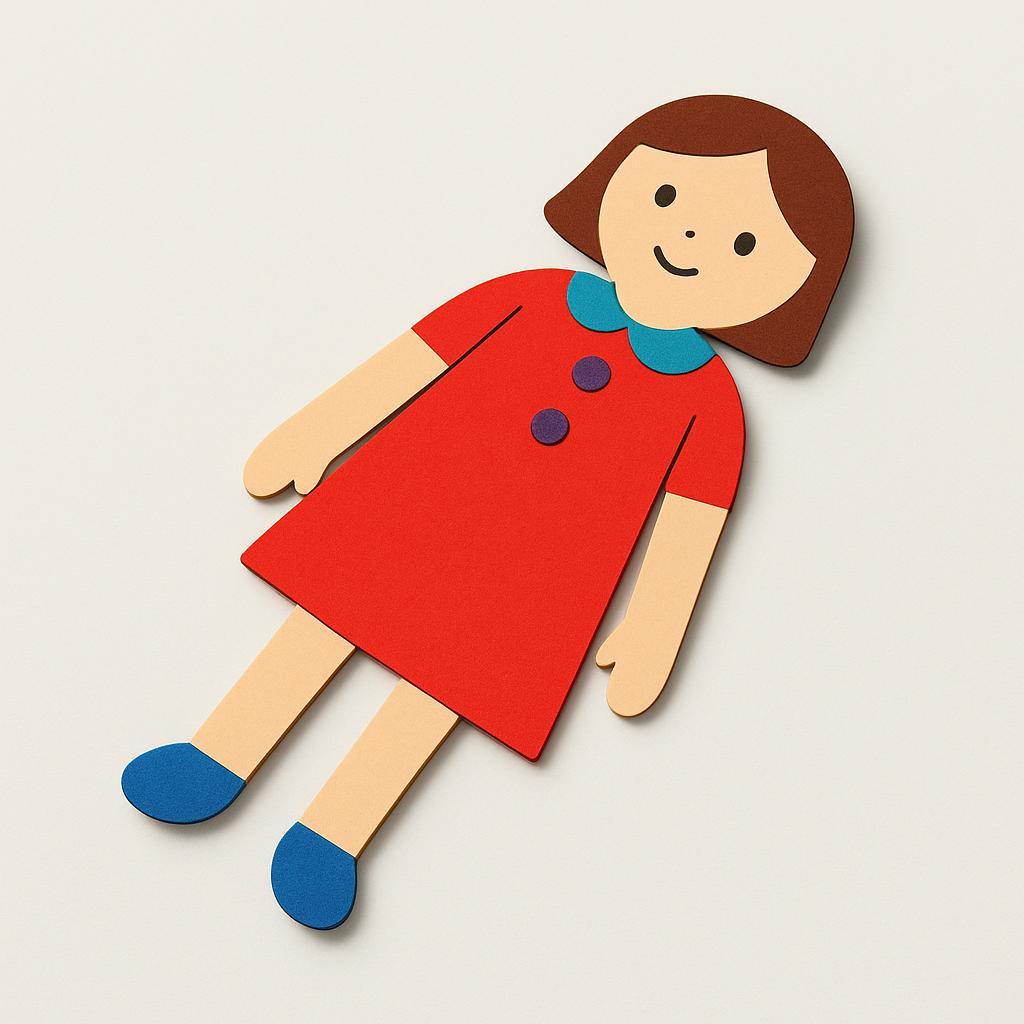 A simple, brightly colored paper doll lying flat and still on a surface.