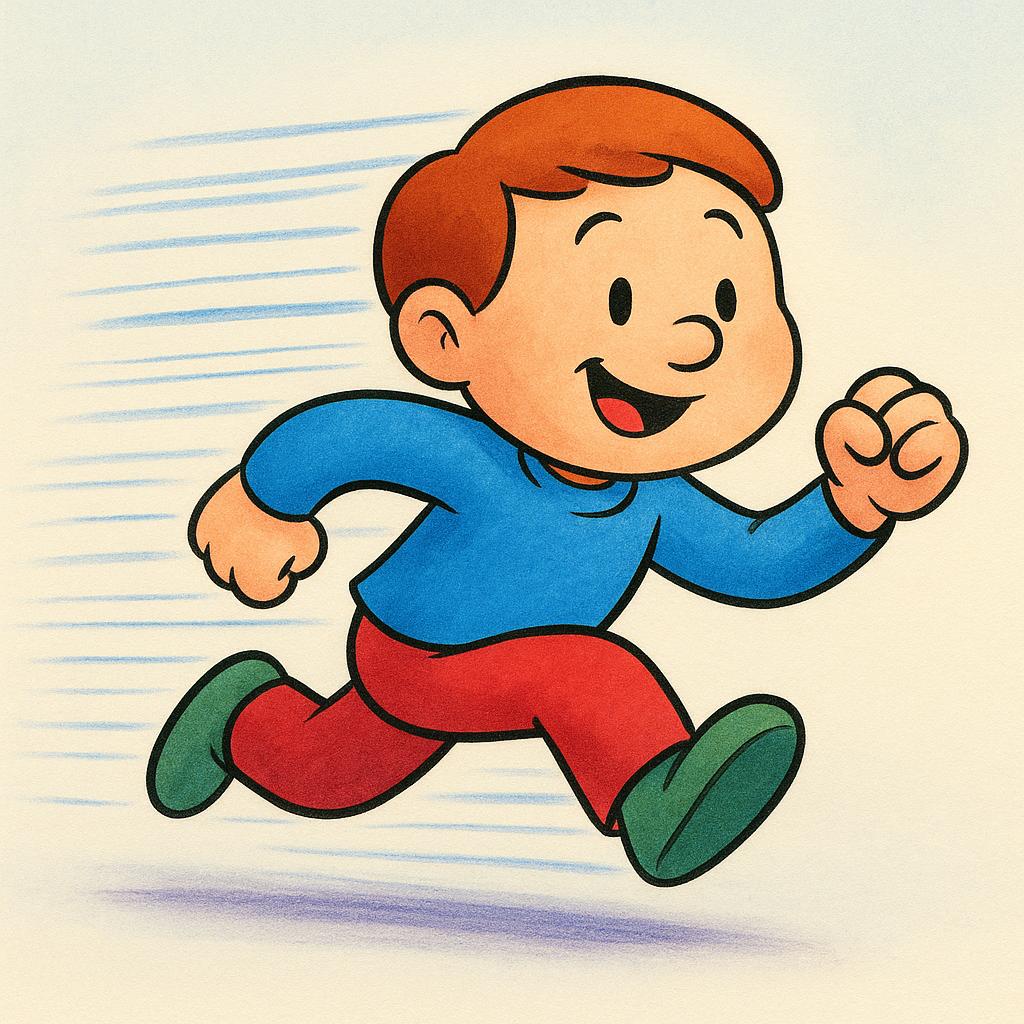 A brightly colored illustration showing a small figure running rapidly, emphasizing speed and urgency with motion lines.
